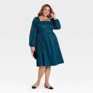 NWOT - Ava & Viv - Women's Balloon Long Sleeve Midi A-Line Dress Teal 3X